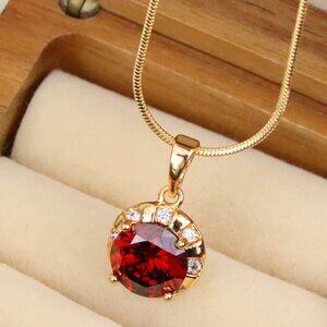 "Round Red Pendant with Crystal Halo in Gold Finish Setting, XPPT1651